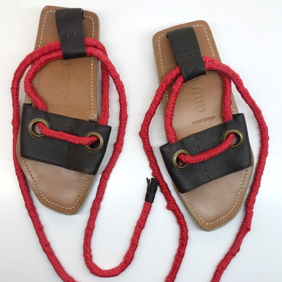 Miu Miu Rope Strap Leather Sandals - Picture 1 of 4